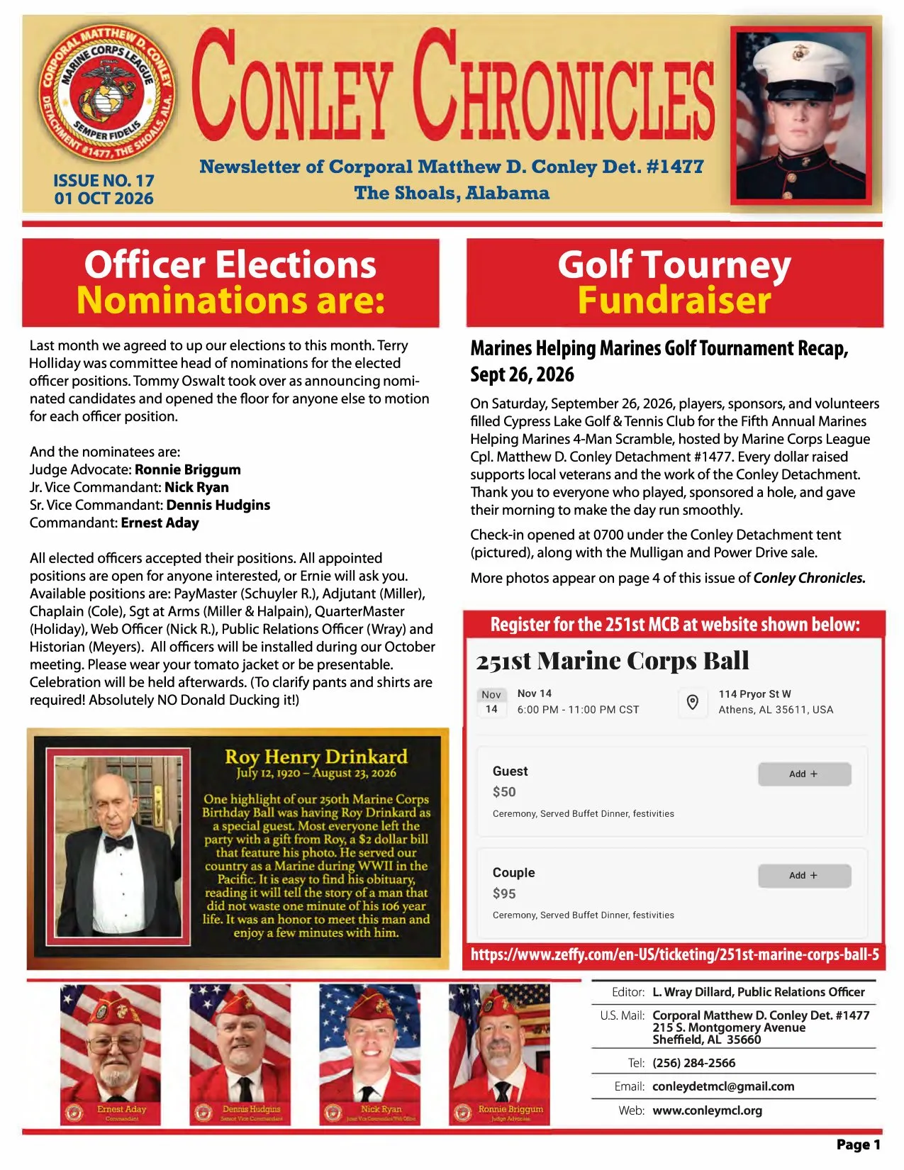 Front page of Conley Chronicles Issue 17, with Officer Elections and Golf Tourney Fundraiser headlines